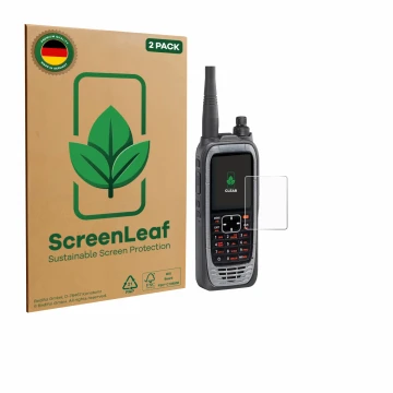 Face avant d’un emballage produit avec le logo de la marque ScreenLeaf. À côté, l’appareil Icom IC-A25NE /IC-A25CE est représe