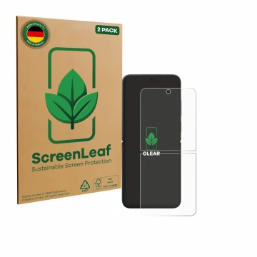 Face avant d’un emballage produit avec le logo de la marque ScreenLeaf. À côté, l’appareil Xiaomi MIX Flip est représenté avec