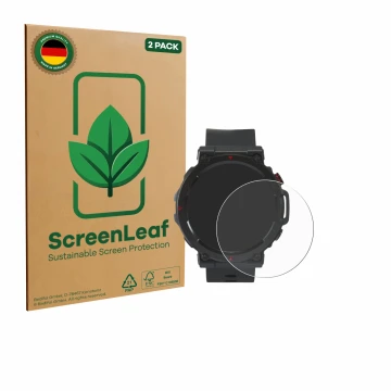Face avant d’un emballage produit avec le logo de la marque ScreenLeaf. À côté, l’appareil Crivit Sport-Smartwatch est représe