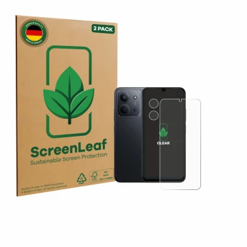 Face avant d’un emballage produit avec le logo de la marque ScreenLeaf. À côté, l’appareil Xiaomi Redmi 15C 4G (Avant+Caméra) 