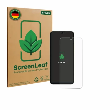 Face avant d’un emballage produit avec le logo de la marque ScreenLeaf. À côté, l’appareil Oukitel C59 Pro est représenté avec