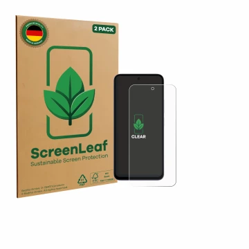 Face avant d’un emballage produit avec le logo de la marque ScreenLeaf. À côté, l’appareil Xiaomi Redmi 15 4G est représenté a