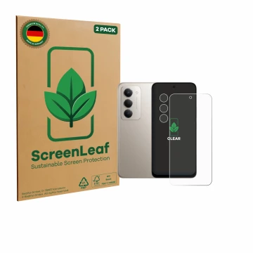 Face avant d’un emballage produit avec le logo de la marque ScreenLeaf. À côté, l’appareil Xiaomi Redmi 15 4G (Avant+Caméra) e