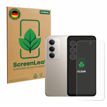 Face avant d’un emballage produit avec le logo de la marque ScreenLeaf. À côté, l’appareil Xiaomi Redmi 15 (Avant+Caméra) est 