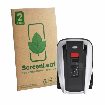 Face avant d’un emballage produit avec le logo de la marque ScreenLeaf. À côté, l’appareil Ecovacs Goat O800 RTK est représent