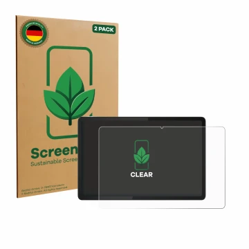 Face avant d’un emballage produit avec le logo de la marque ScreenLeaf. À côté, l’appareil Lenovo Tab K11e est représenté avec