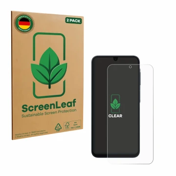 Face avant d’un emballage produit avec le logo de la marque ScreenLeaf. À côté, l’appareil Samsung Galaxy A17 5G est représent