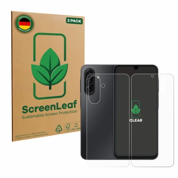 Face avant d’un emballage produit avec le logo de la marque ScreenLeaf. À côté, l’appareil Samsung Galaxy A17 5G (Avant+Arrièr