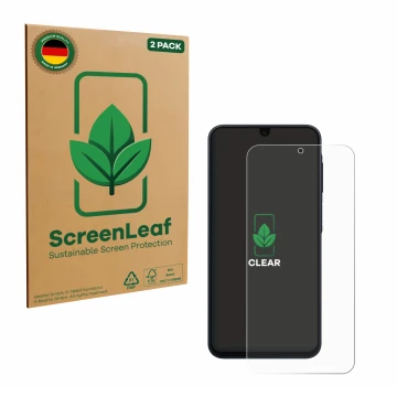 Face avant d’un emballage produit avec le logo de la marque ScreenLeaf. À côté, l’appareil Samsung Galaxy A17 4G est représent