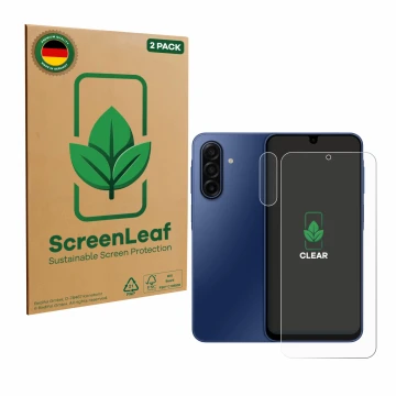 Face avant d’un emballage produit avec le logo de la marque ScreenLeaf. À côté, l’appareil Samsung Galaxy A17 4G (Avant+Caméra