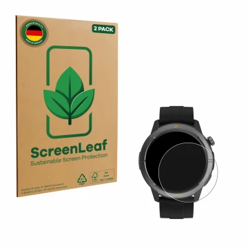Face avant d’un emballage produit avec le logo de la marque ScreenLeaf. À côté, l’appareil AGM Legion Watch 1.43