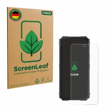 Face avant d’un emballage produit avec le logo de la marque ScreenLeaf. À côté, l’appareil Cubot King Kong 11 est représenté a