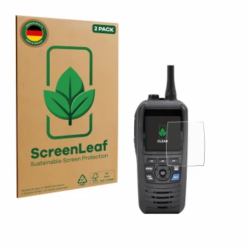 Face avant d’un emballage produit avec le logo de la marque ScreenLeaf. À côté, l’appareil Icom IC-M94D est représenté avec la
