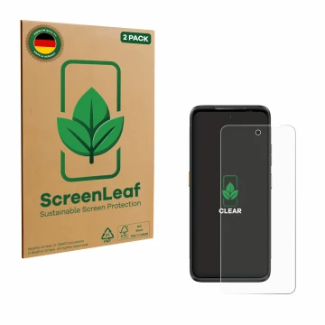 Face avant d’un emballage produit avec le logo de la marque ScreenLeaf. À côté, l’appareil Ulefone Armor 23 Ultra est représen