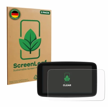 Face avant d’un emballage produit avec le logo de la marque ScreenLeaf. À côté, l’appareil TomTom GO Classic 5