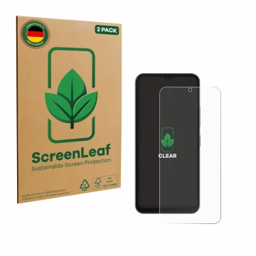 Face avant d’un emballage produit avec le logo de la marque ScreenLeaf. À côté, l’appareil Telekom T Phone 3 est représenté av
