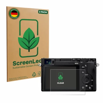 Face avant d’un emballage produit avec le logo de la marque ScreenLeaf. À côté, l’appareil Sony RX1R III est représenté avec l