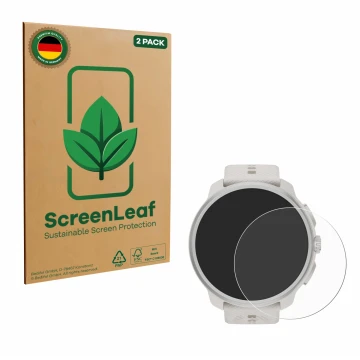 Face avant d’un emballage produit avec le logo de la marque ScreenLeaf. À côté, l’appareil Suunto Race 2 est représenté avec l