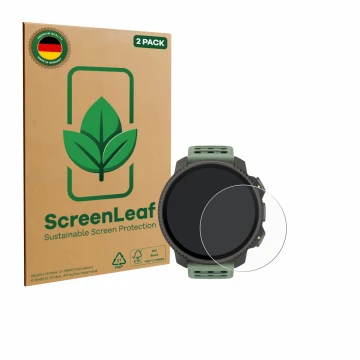 Face avant d’un emballage produit avec le logo de la marque ScreenLeaf. À côté, l’appareil Suunto Vertical 2 est représenté av
