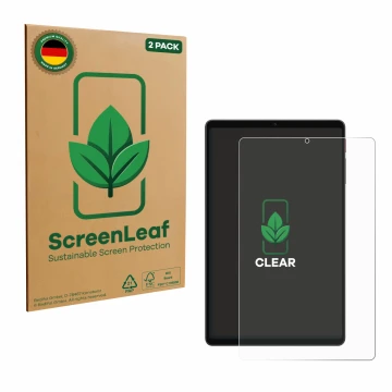 Face avant d’un emballage produit avec le logo de la marque ScreenLeaf. À côté, l’appareil Alldocube iPlay 70 mini Ultra est r