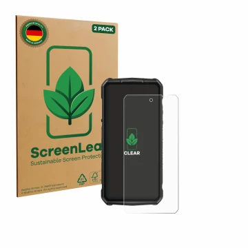 Face avant d’un emballage produit avec le logo de la marque ScreenLeaf. À côté, l’appareil Ulefone Armor 29 Ultra est représen