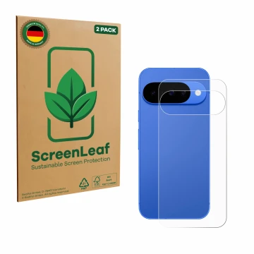 Face avant d’un emballage produit avec le logo de la marque ScreenLeaf. À côté, l’appareil Google Pixel 10 (Arrière) est repré