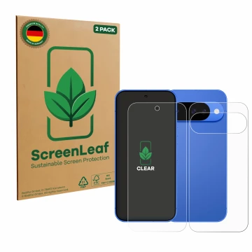 Face avant d’un emballage produit avec le logo de la marque ScreenLeaf. À côté, l’appareil Google Pixel 10 (Avant+Arrière) est