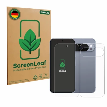 Face avant d’un emballage produit avec le logo de la marque ScreenLeaf. À côté, l’appareil Google Pixel 10 Pro (Avant+Arrière)
