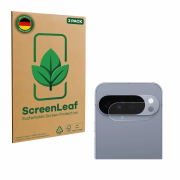Face avant d’un emballage produit avec le logo de la marque ScreenLeaf. À côté, l’appareil Google Pixel 10 Pro XL (Caméra UNIQ