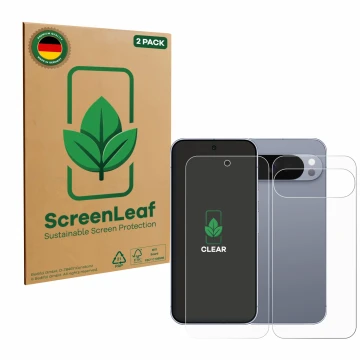 Face avant d’un emballage produit avec le logo de la marque ScreenLeaf. À côté, l’appareil Google Pixel 10 Pro XL (Avant+Arriè