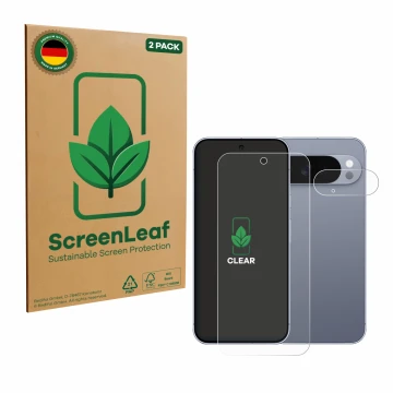 Face avant d’un emballage produit avec le logo de la marque ScreenLeaf. À côté, l’appareil Google Pixel 10 Pro XL (Avant+Camér