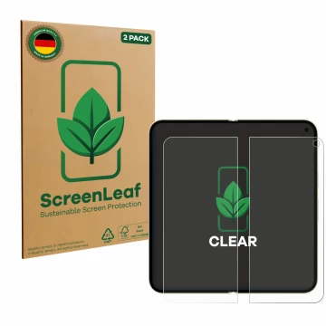 Face avant d’un emballage produit avec le logo de la marque ScreenLeaf. À côté, l’appareil Google Pixel 10 Pro Fold (Affichage