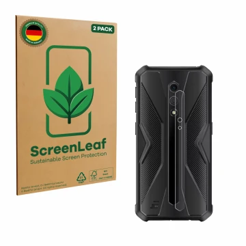 Face avant d’un emballage produit avec le logo de la marque ScreenLeaf. À côté, l’appareil Ulefone Armor X12 Pro (Caméra UNIQU