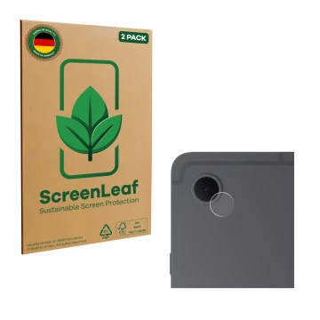 Face avant d’un emballage produit avec le logo de la marque ScreenLeaf. À côté, l’appareil Samsung Galaxy Tab S10 Lite (Caméra