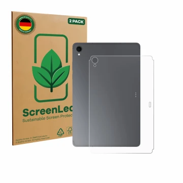 Face avant d’un emballage produit avec le logo de la marque ScreenLeaf. À côté, l’appareil Samsung Galaxy Tab S11 (Arrière) es