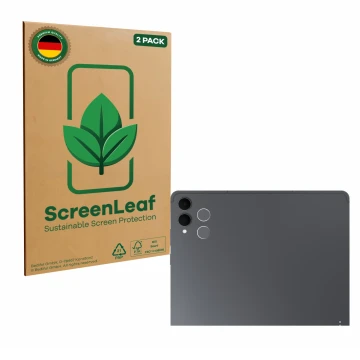Face avant d’un emballage produit avec le logo de la marque ScreenLeaf. À côté, l’appareil Samsung Galaxy Tab S11 Ultra (Camér