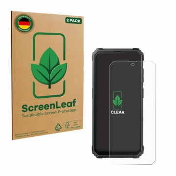 Face avant d’un emballage produit avec le logo de la marque ScreenLeaf. À côté, l’appareil Blackview BV4800 SE est représenté 