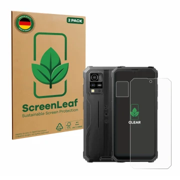 Face avant d’un emballage produit avec le logo de la marque ScreenLeaf. À côté, l’appareil Blackview BV4800 SE (Avant+Caméra) 