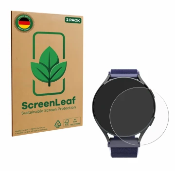 Face avant d’un emballage produit avec le logo de la marque ScreenLeaf. À côté, l’appareil Patronus Notfalluhr (41.5 mm) est r