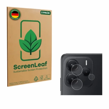 Face avant d’un emballage produit avec le logo de la marque ScreenLeaf. À côté, l’appareil Xiaomi Redmi Note 14 4G (Caméra UNI