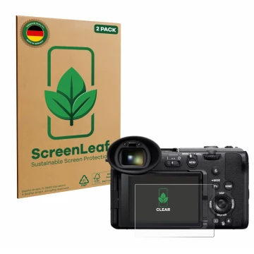 Face avant d’un emballage produit avec le logo de la marque ScreenLeaf. À côté, l’appareil Sony Cinema Line FX2 est représenté