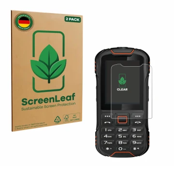 Face avant d’un emballage produit avec le logo de la marque ScreenLeaf. À côté, l’appareil Gigaset GLX8 est représenté avec la