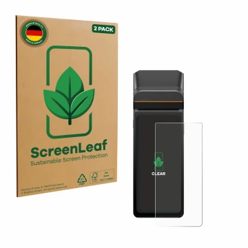 Face avant d’un emballage produit avec le logo de la marque ScreenLeaf. À côté, l’appareil Sunmi V3H est représenté avec la pr