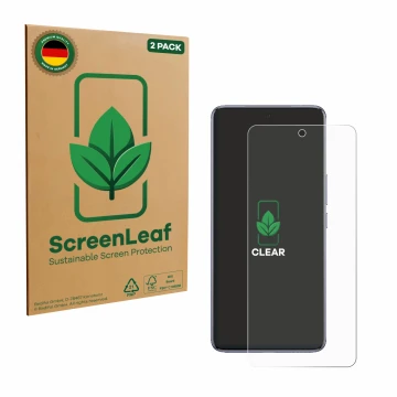 Face avant d’un emballage produit avec le logo de la marque ScreenLeaf. À côté, l’appareil Vivo T4 est représenté avec la prot