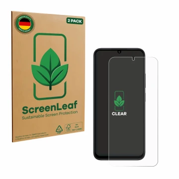 Face avant d’un emballage produit avec le logo de la marque ScreenLeaf. À côté, l’appareil Xiaomi Redmi 15C est représenté ave