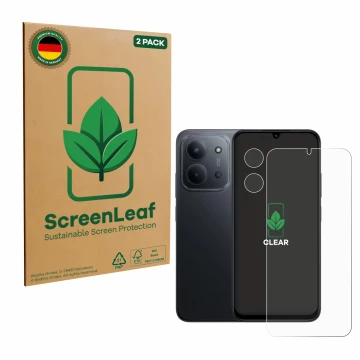 Face avant d’un emballage produit avec le logo de la marque ScreenLeaf. À côté, l’appareil Xiaomi Redmi 15C (Avant+Caméra) est