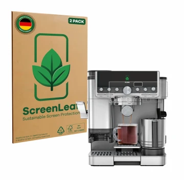 Face avant d’un emballage produit avec le logo de la marque ScreenLeaf. À côté, l’appareil Ninja Luxe Cafe Pro ES701EU est rep