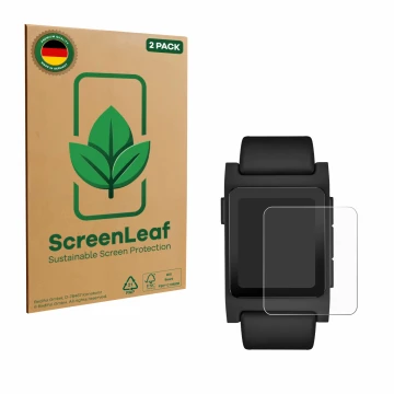 Face avant d’un emballage produit avec le logo de la marque ScreenLeaf. À côté, l’appareil Pebble 2 Duo 2025 est représenté av