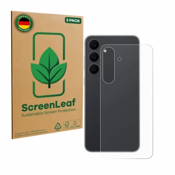 Face avant d’un emballage produit avec le logo de la marque ScreenLeaf. À côté, l’appareil Samsung Galaxy S25 FE (Arrière) est