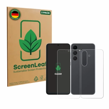 Face avant d’un emballage produit avec le logo de la marque ScreenLeaf. À côté, l’appareil Samsung Galaxy S25 FE (Avant+Arrièr